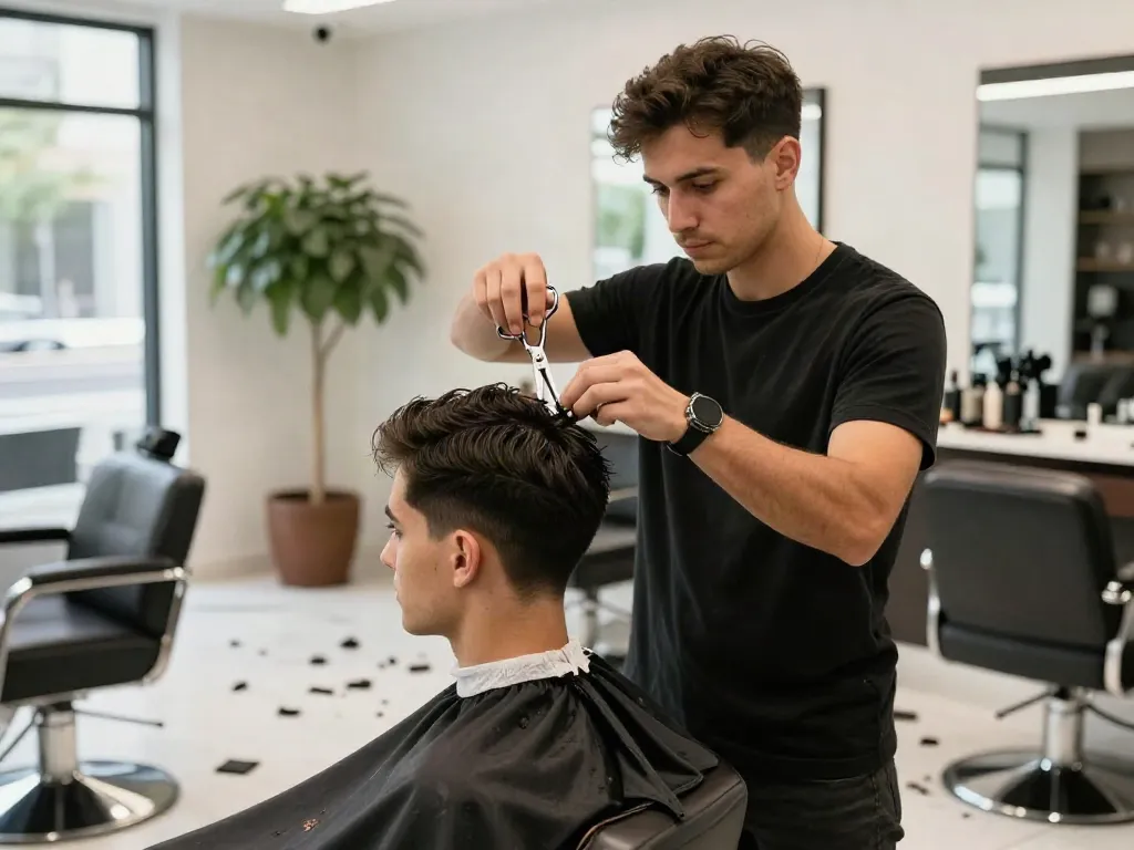 Modern barbershop haircut experience at rokok88, showcasing skilled barber in action.