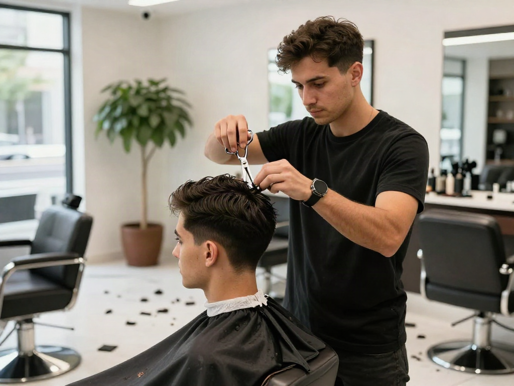 Modern barbershop haircut experience at rokok88, showcasing skilled barber in action.