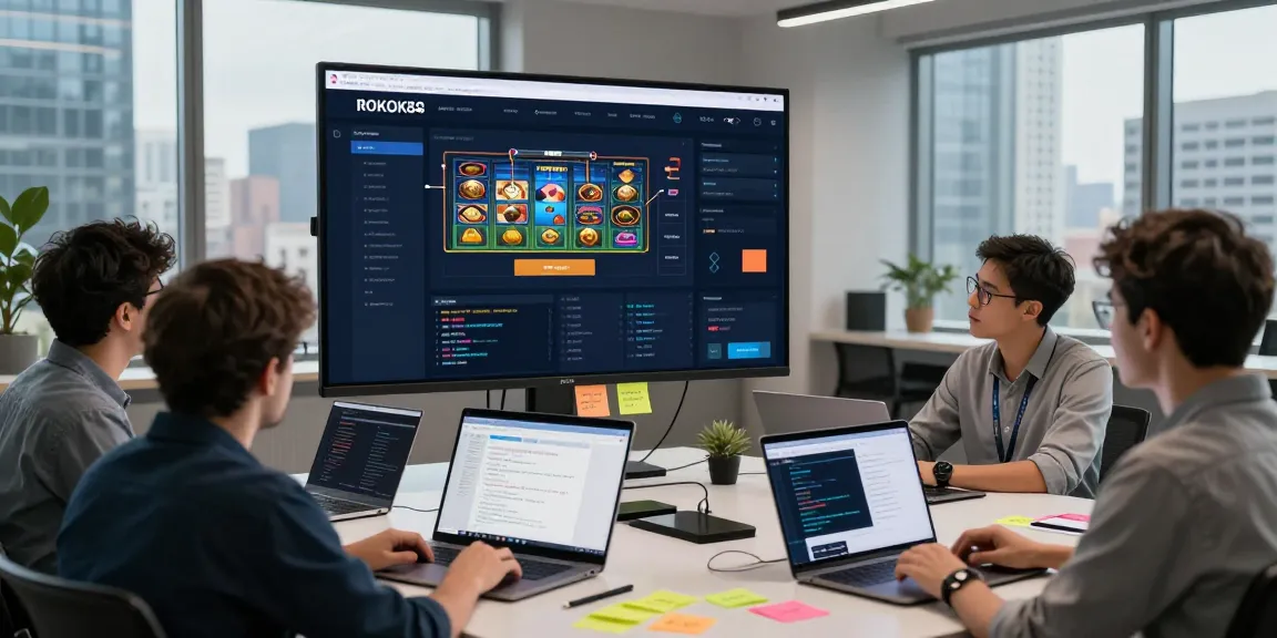 Team analyzing ROKOK88 slot game analytics in a modern digital workspace.