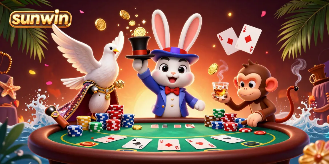 Experience the magic of sunwin with a charming scene of a magician rabbit, assistant dove, and cheeky monkey amidst casino action.