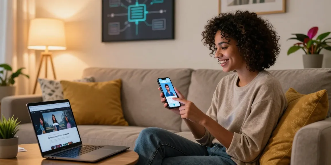 Engaged user chatting with CrushOn AI in a cozy living room, illustrating digital interaction.