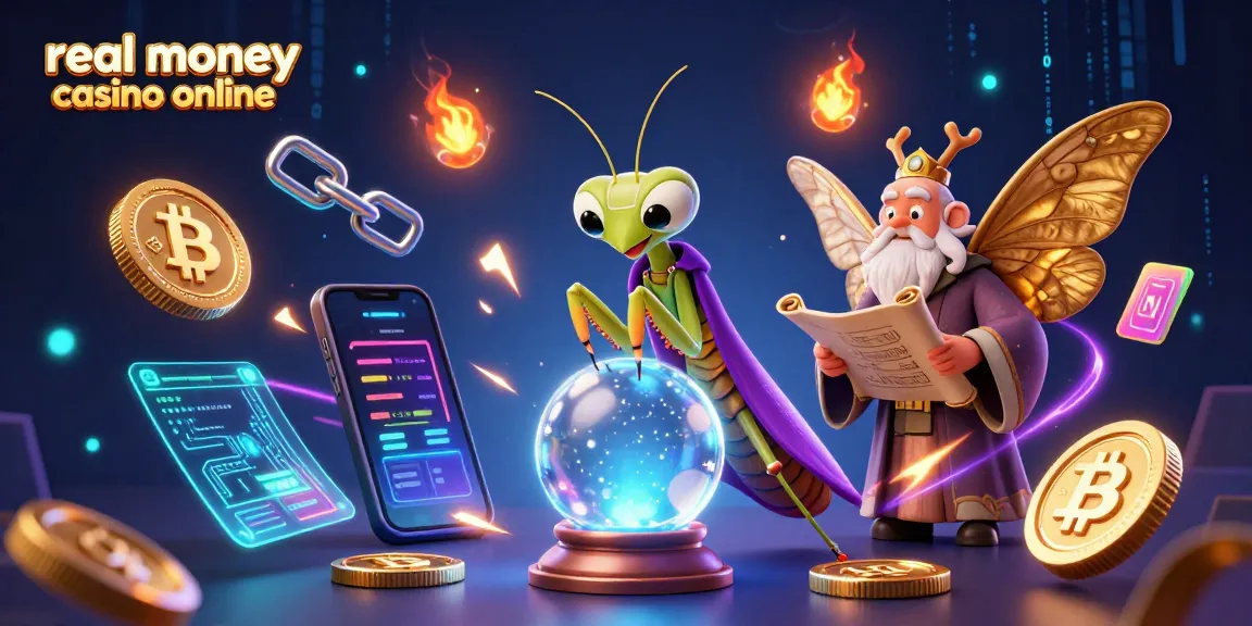 Engage with the mystical world of real money casino online, featuring a fortuneteller and moth librarian amidst crypto elements.