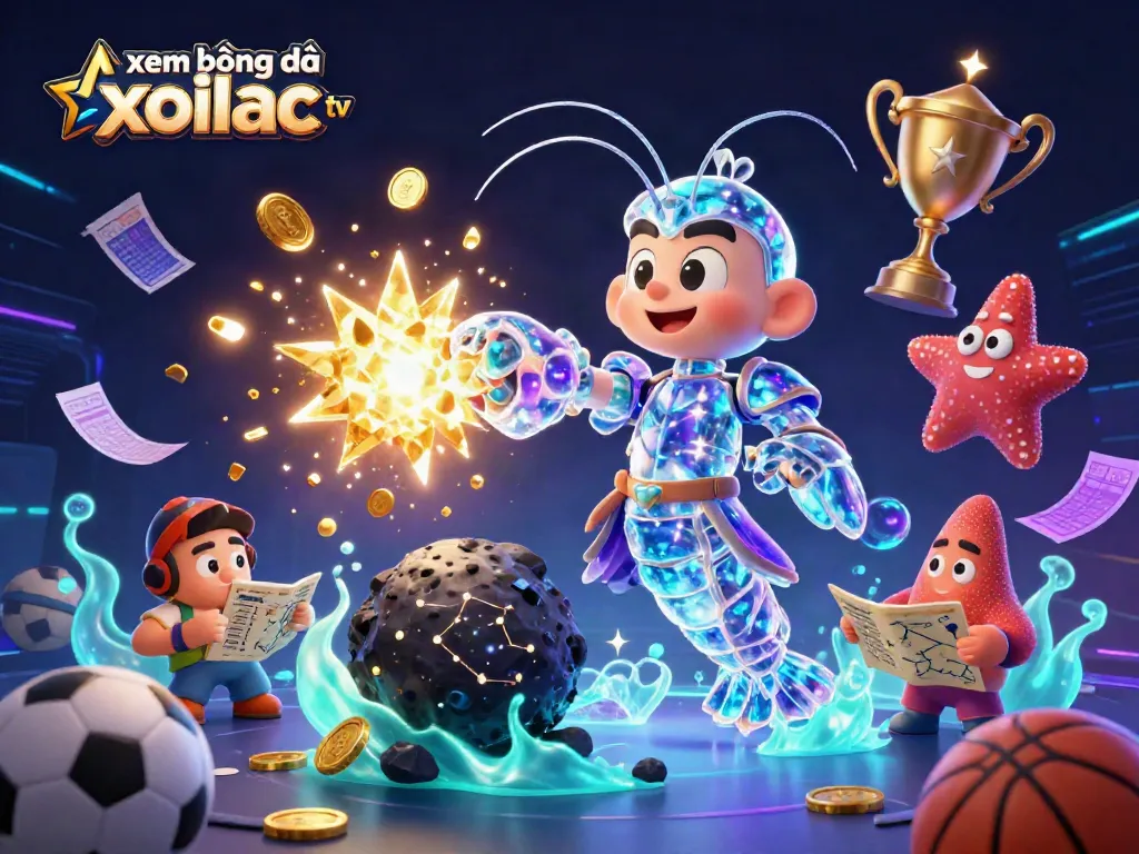 Xem bóng đá xoilac tv showcases vibrant sports-themed 3D artwork featuring characters, betting slips, and trophies.