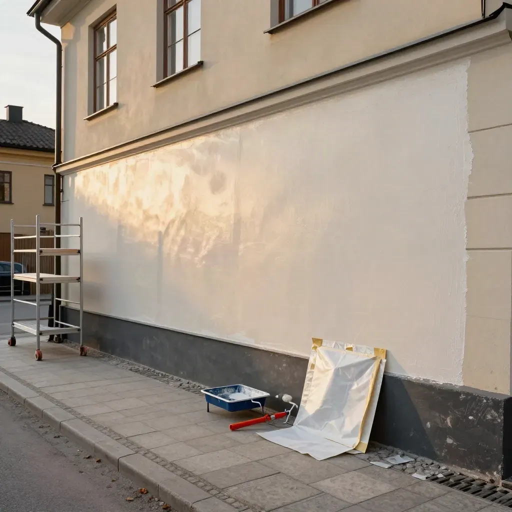 Ny målad fasad med maskering och liten ställning i kvällsljus.