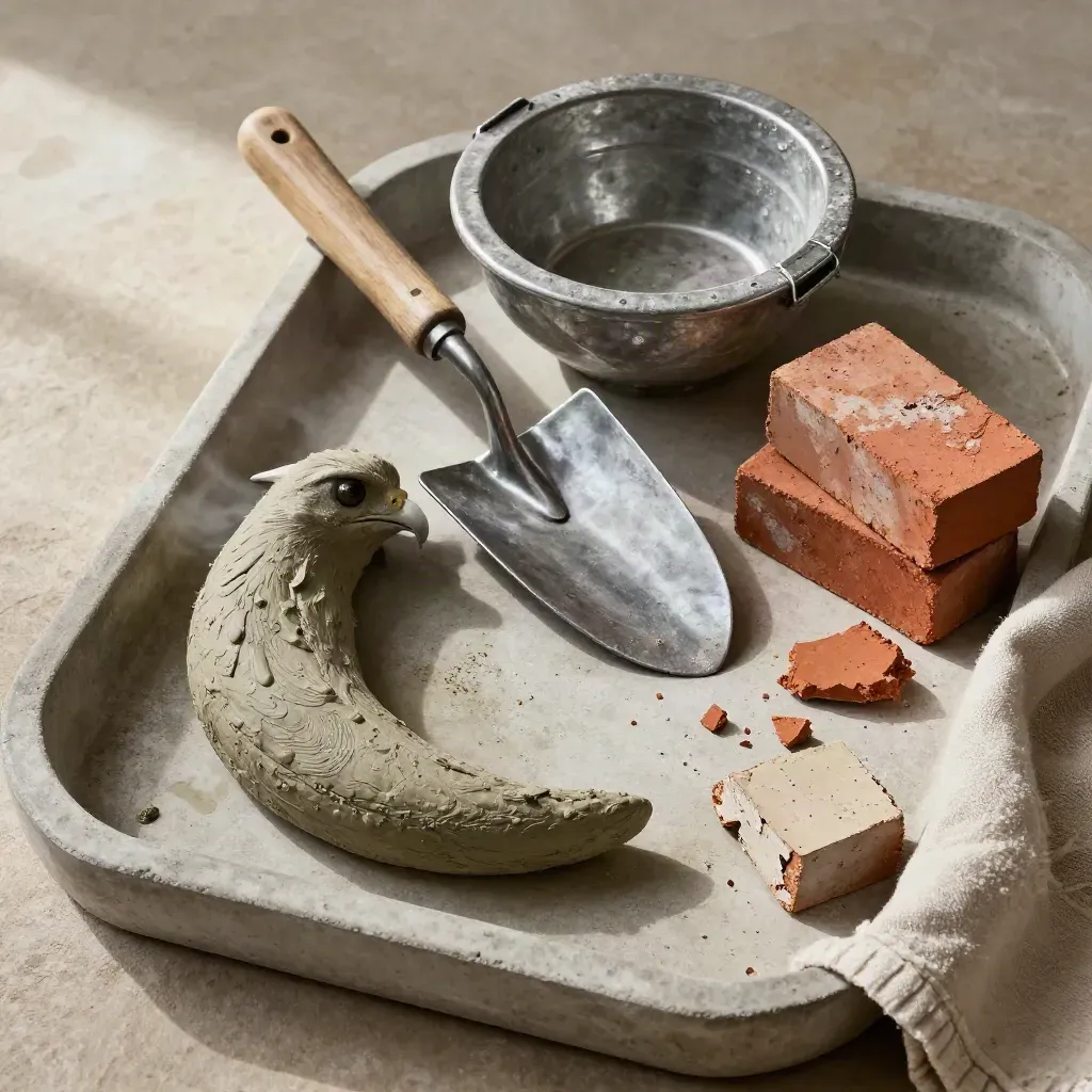 Hawk, murslev och murbricka med tegelbitar på betongbricka