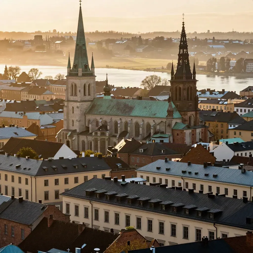 Uppsala domkyrka och takåsar i gyllene kvällsljus över dimmig slätt