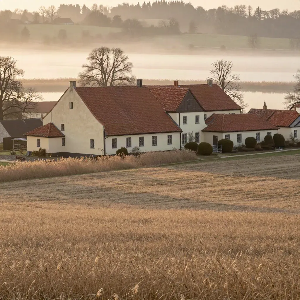Södermanländsk herrgård med röda tak ovan dimmiga fält och stilla sjökant