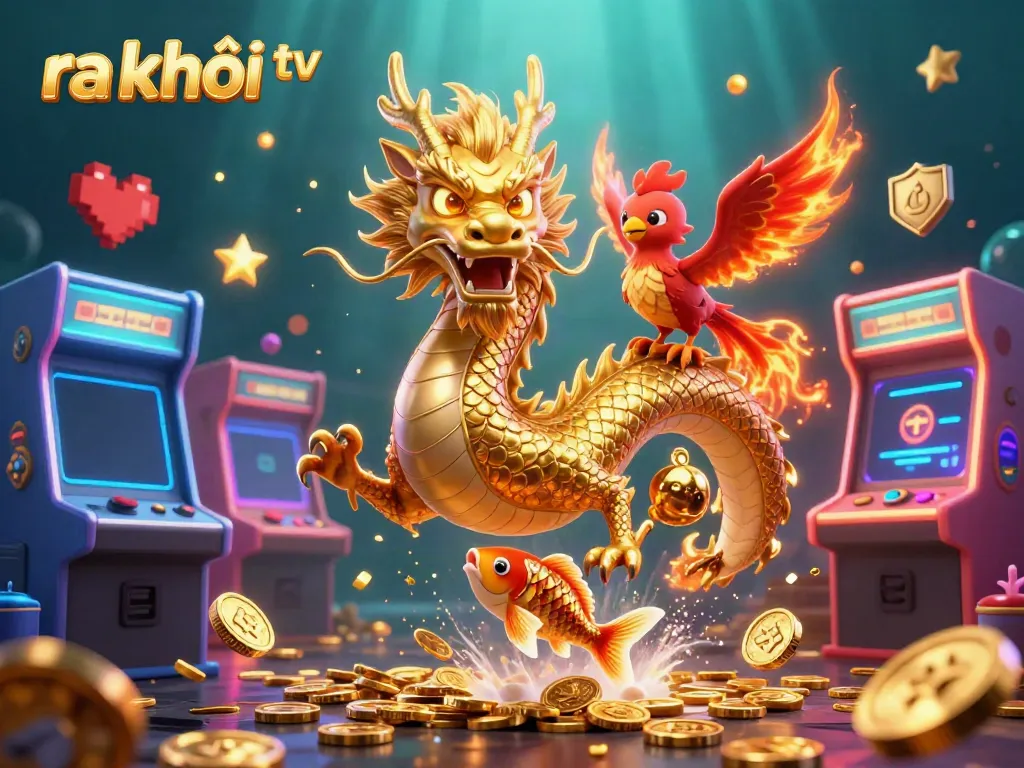 Engage with ra khơi tv featuring a golden dragon, phoenix, and koi fish in a vibrant casino scene.