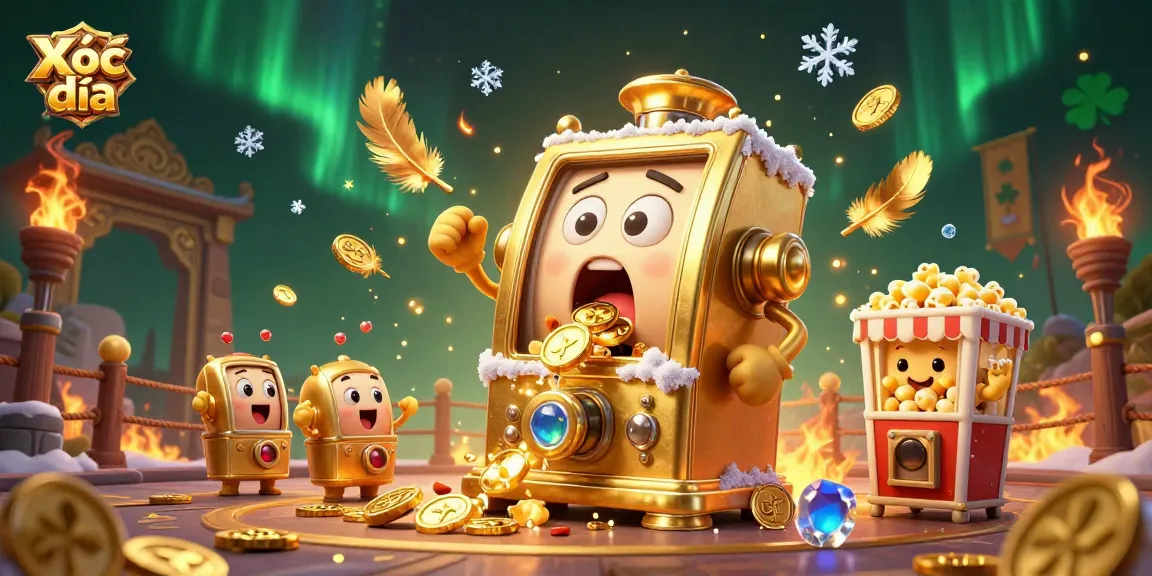 Xóc đĩa game scene with a golden slot machine celebrating a jackpot amidst vibrant casino elements and excitement.
