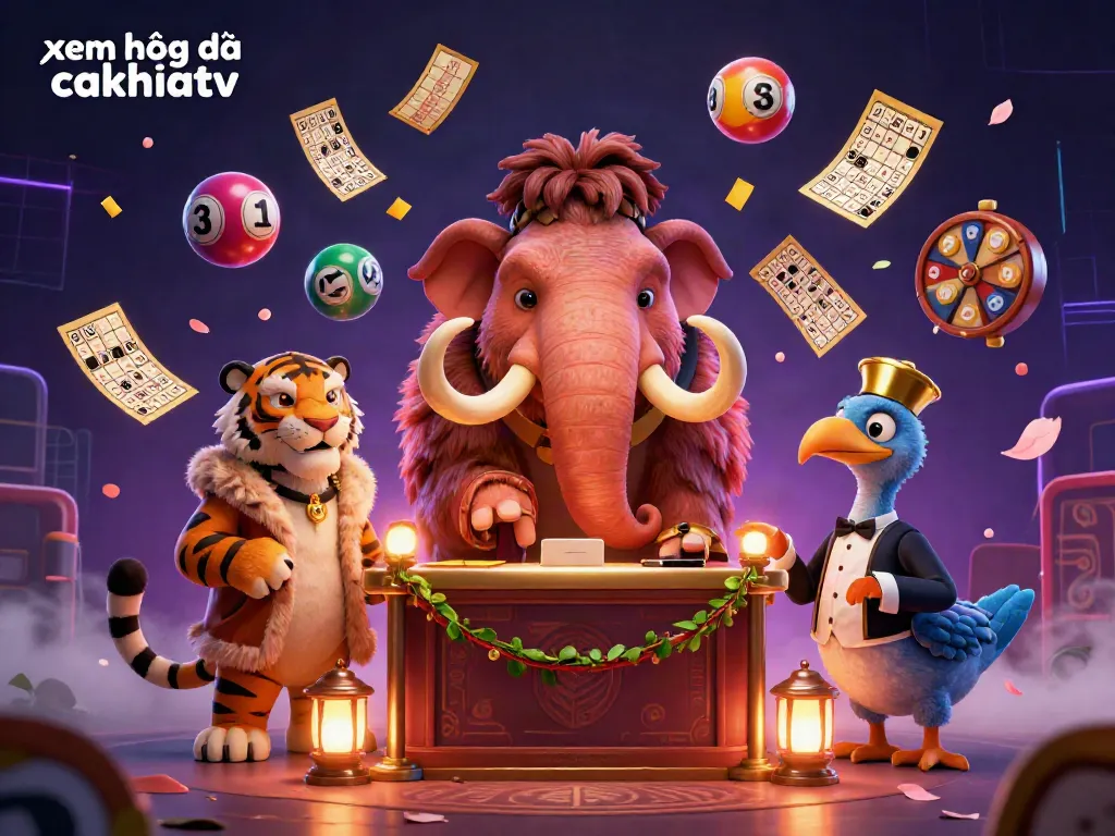 Xem bóng đá cakhiatv with colorful gambling elements featuring a woolly mammoth bouncer and saber-tooth tiger VIP guest.