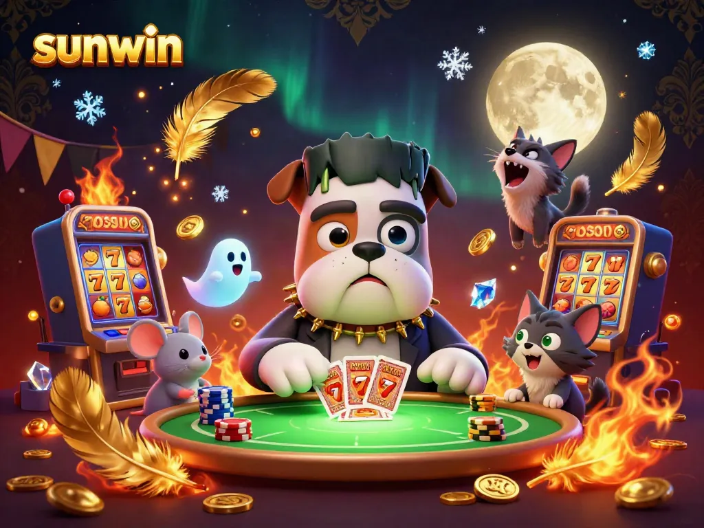 Sunwin features a vibrant 3D casino scene with a Frankenstein bulldog dealing cards and golden slot machines.