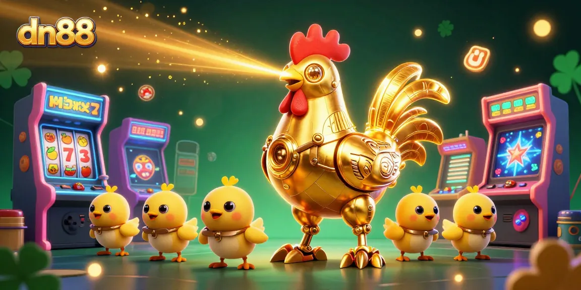 Join the dn88 gaming adventure with a fun golden rooster robot and baby chick drones at the casino